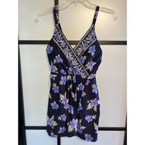 Lands' End One Piece Swim Tank Dress Sz Small‎ Blue Purple Floral Tropical Print